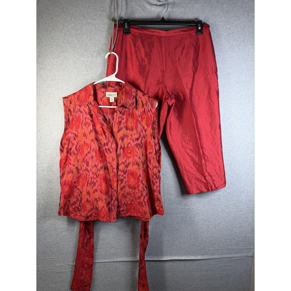 Coldwater Creek Set Womens Top XL/ Pants 14P Red Silk Sleeveless 2 Piece
